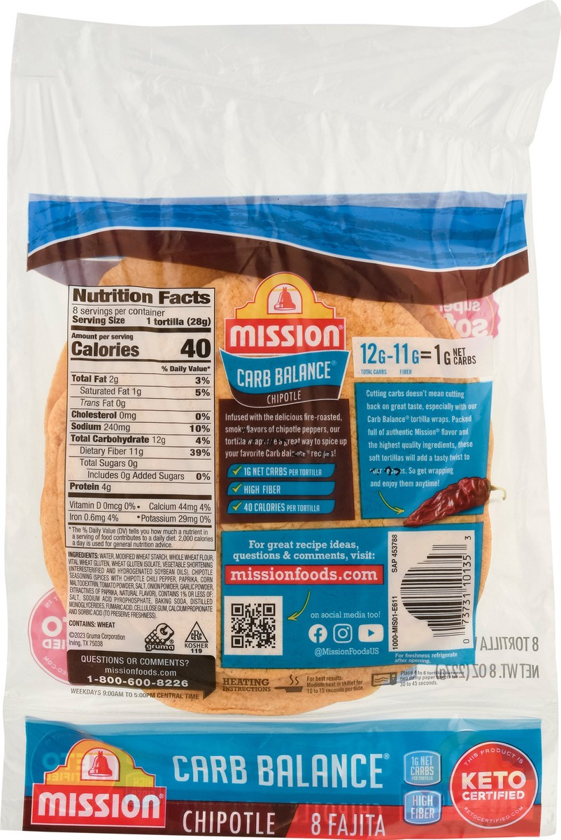 slide 3 of 13, Mission Carb Balance Chipotle Flour Tortillas, Fajita Size, 8 Count, 8 ct