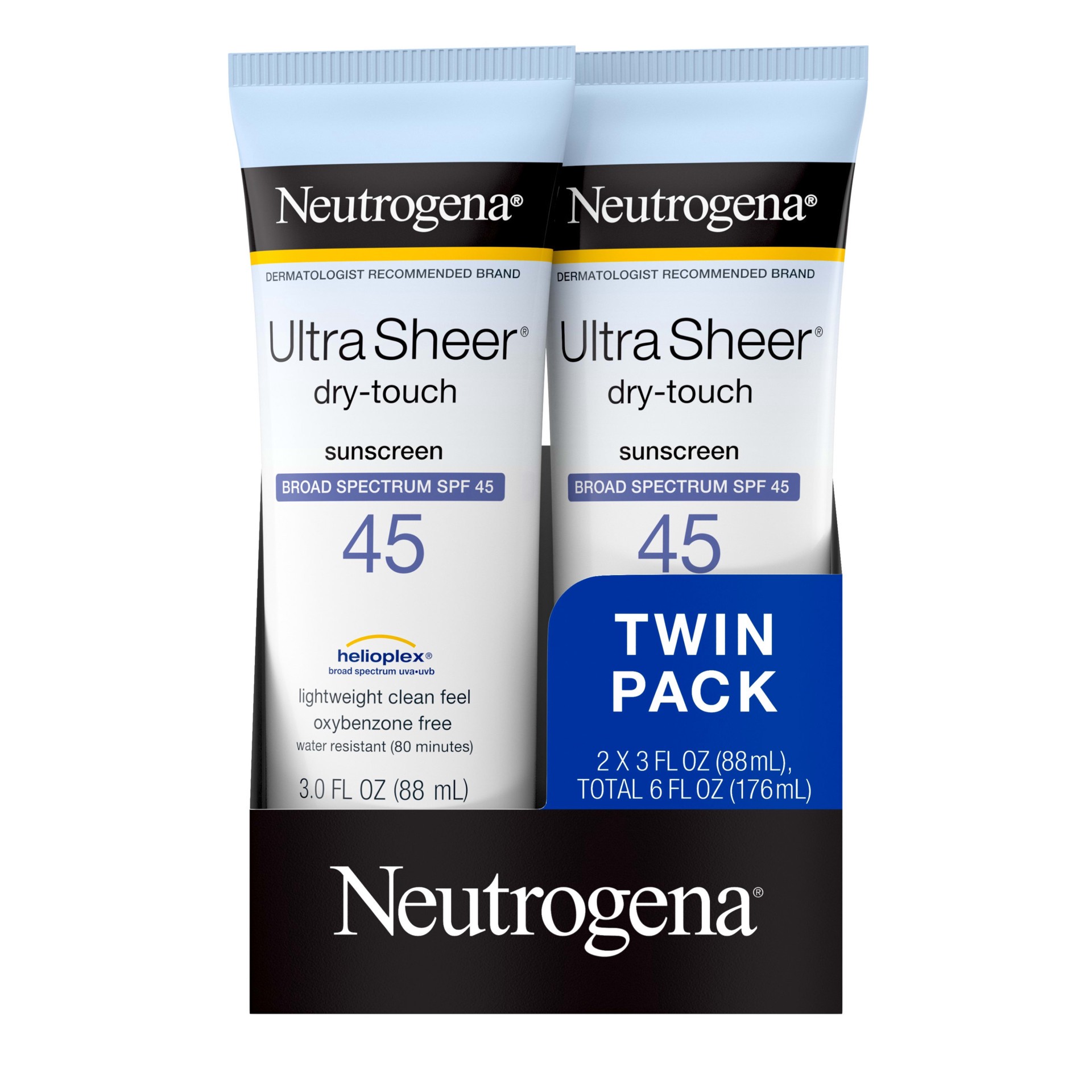 slide 4 of 5, Neutrogena Ultra Sheer Dry-Touch Sunscreen Lotion, Broad Spectrum SPF 45 UVA/UVB Protection, Lightweight Water Resistant Face & Body Sunscreen, Travel Size, Twin Pack, 2 x 3 fl. oz, 6 fl oz