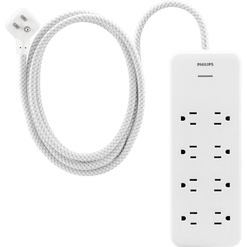 slide 1 of 9, Philips 8-Outlet Surge 8' braided cord 2160J Adapter-Spaced - White, 1 ct