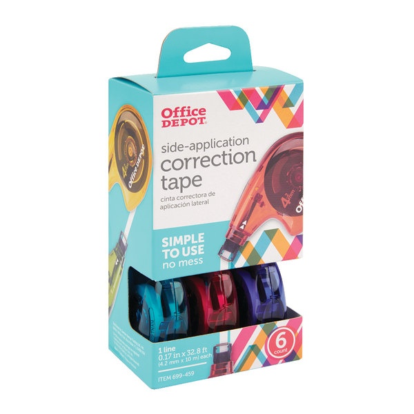 slide 1 of 3, Office Depot Brand Side-Application Correction Tape, 1 Line X 392'', Assorted Colors, Pack Of 6, 6 ct