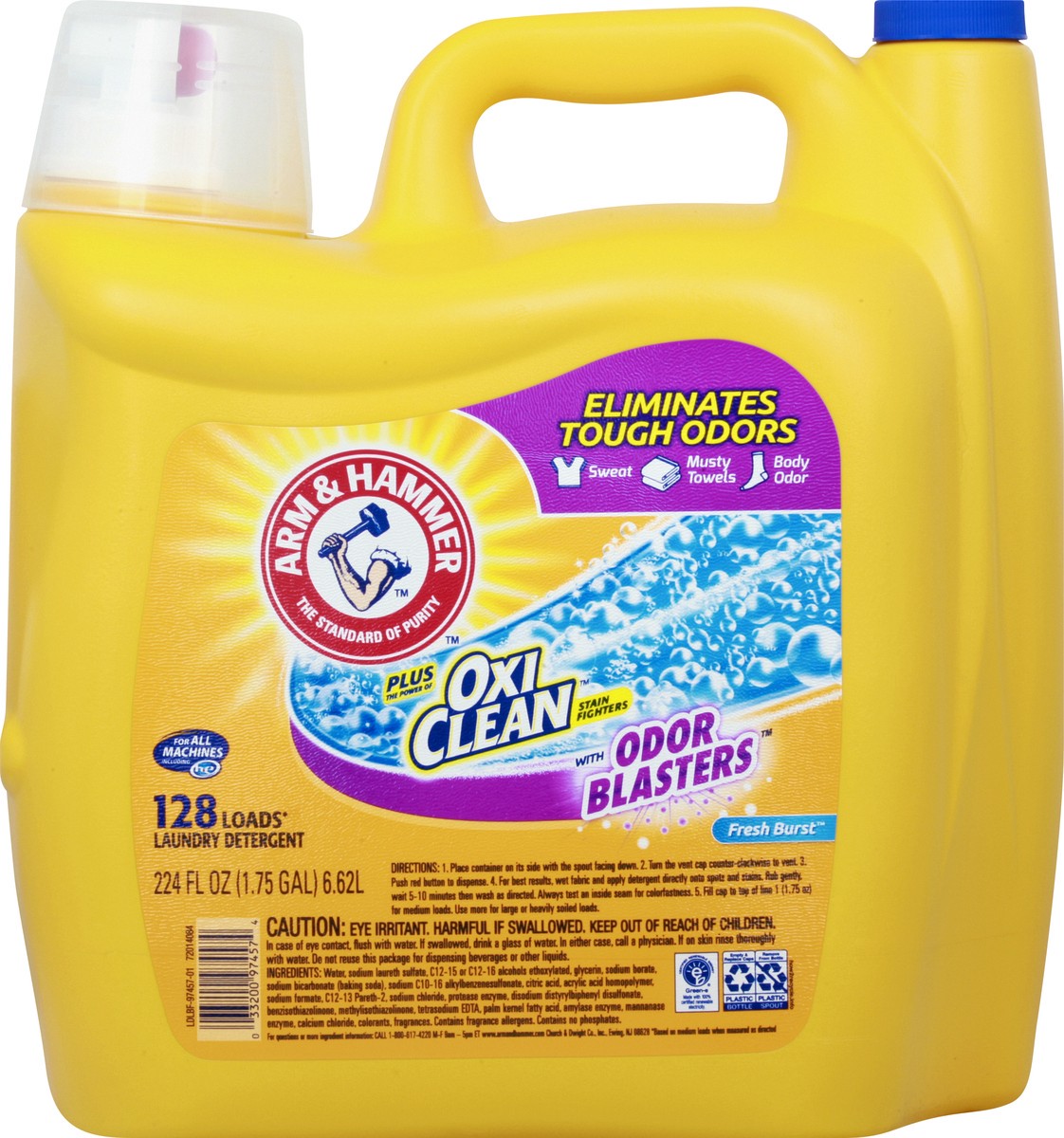 slide 5 of 9, Arm & Hammer Plus OxiClean Odor Blasters Fresh Burst, 128 Loads Liquid Laundry Detergent, 224 Fl oz, 224 fl oz