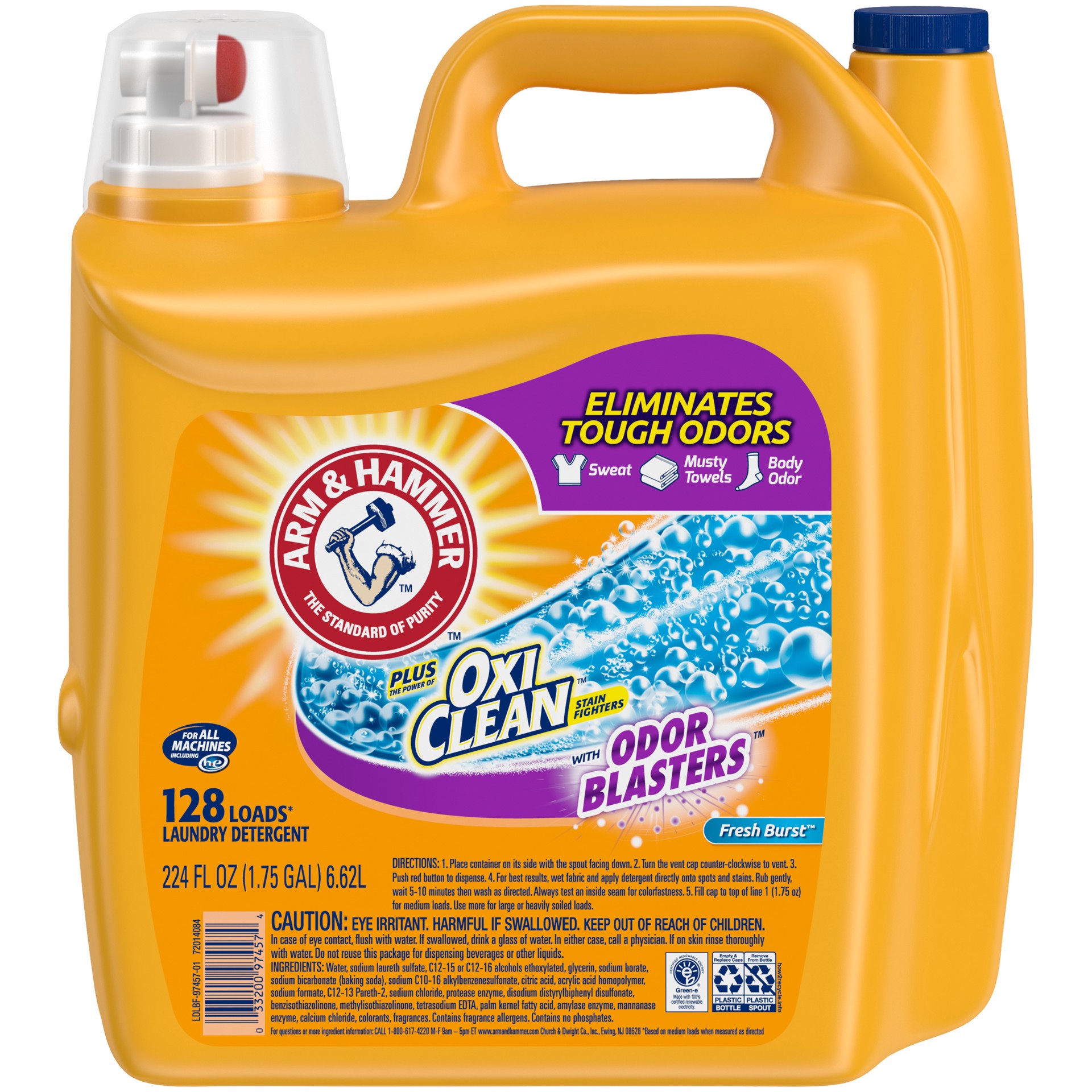 slide 1 of 9, Arm & Hammer Plus OxiClean Odor Blasters Fresh Burst, 128 Loads Liquid Laundry Detergent, 224 Fl oz, 224 fl oz