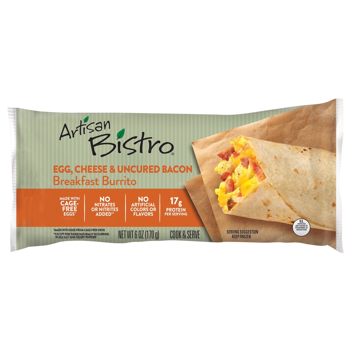 slide 4 of 8, Artisan Bistro Egg, Cheese & Uncured Bacon Burrito, 6 oz