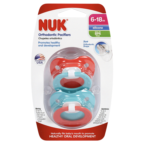 slide 1 of 1, NUK Orthodontic Silicone Pacifier Assorted Colors, 6m+, 2 ct