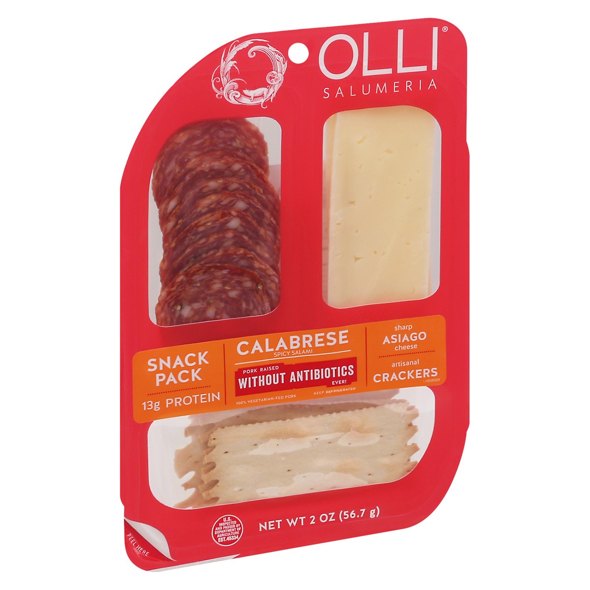 slide 2 of 9, Olli Salumeria Calabrese Spicy Salami, Sharp Asiago Cheese, Artisanal Crackers Snack Pack 2 oz, 2 oz