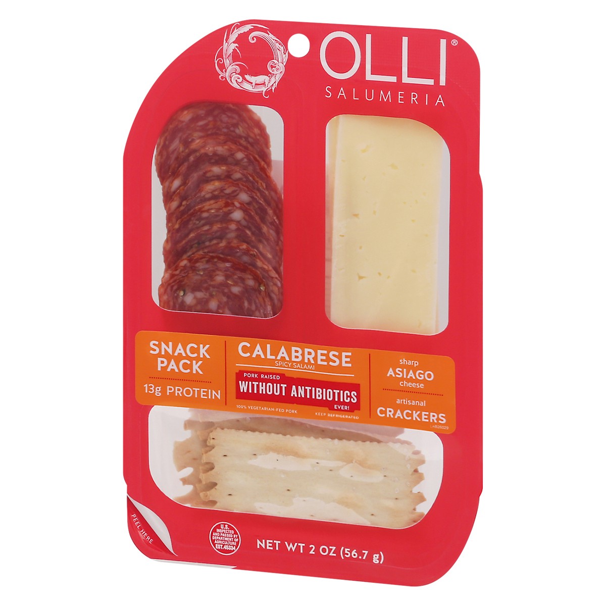 slide 3 of 9, Olli Salumeria Calabrese Spicy Salami, Sharp Asiago Cheese, Artisanal Crackers Snack Pack 2 oz, 2 oz