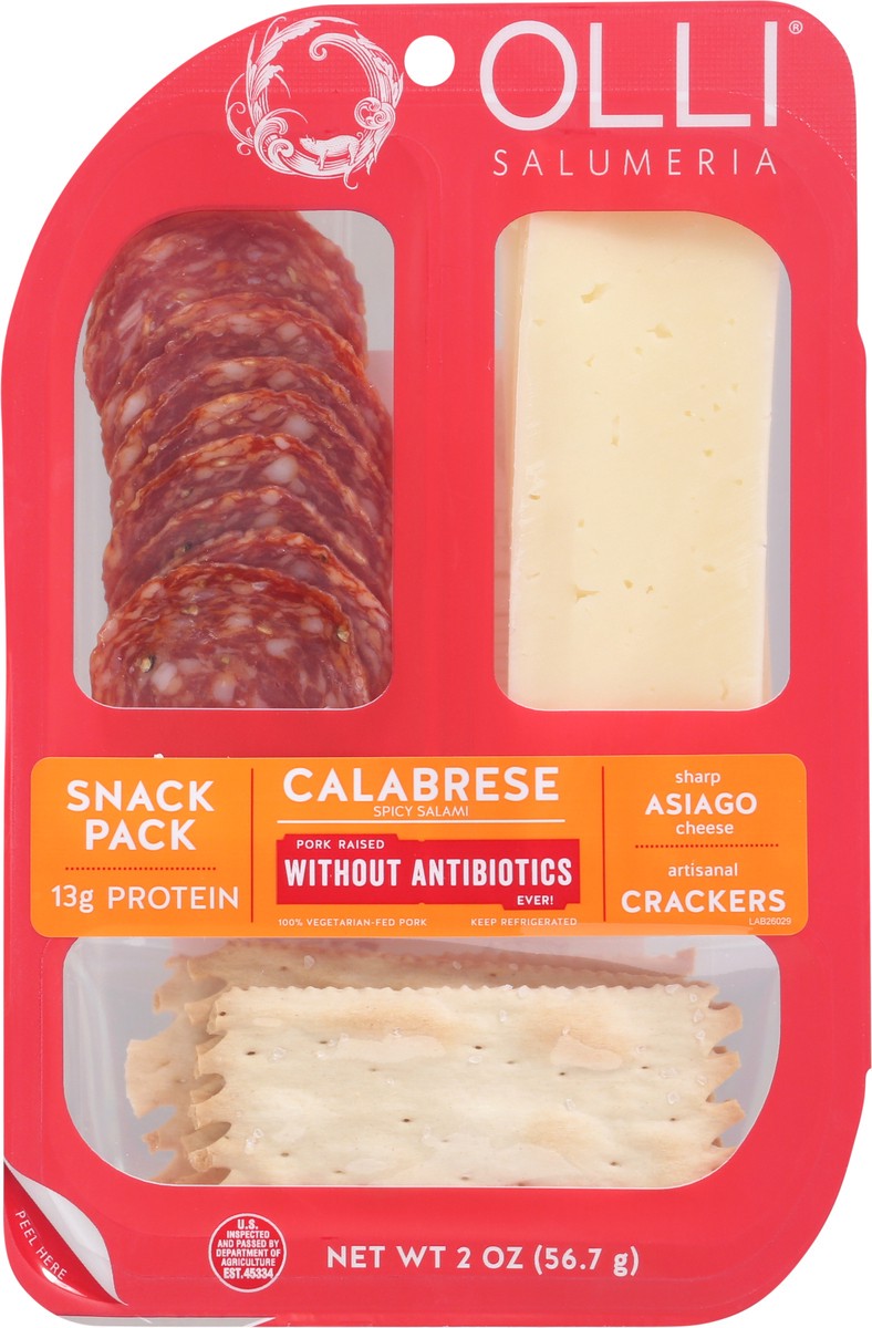 slide 6 of 9, Olli Salumeria Calabrese Spicy Salami, Sharp Asiago Cheese, Artisanal Crackers Snack Pack 2 oz, 2 oz