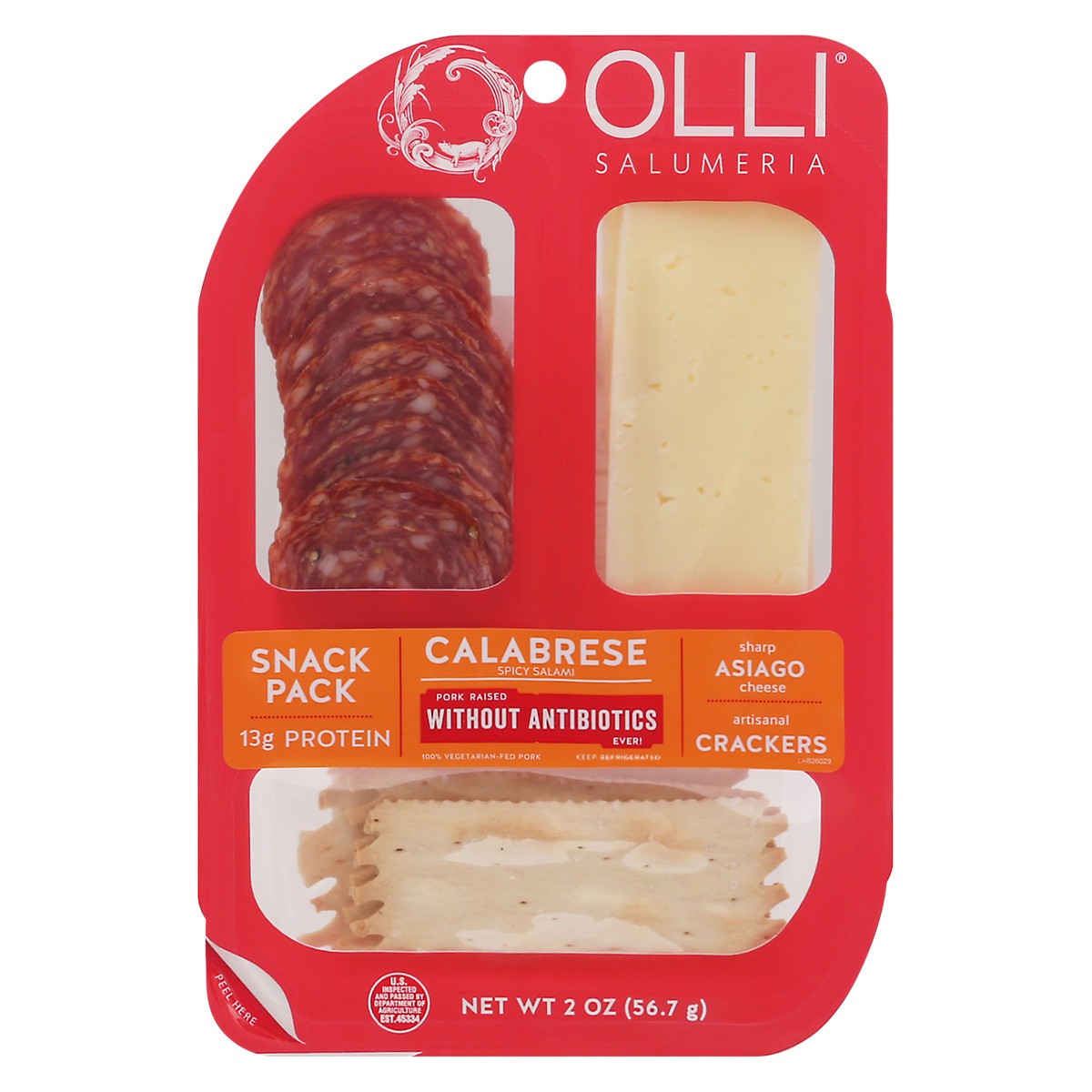 slide 1 of 9, Olli Salumeria Calabrese Spicy Salami, Sharp Asiago Cheese, Artisanal Crackers Snack Pack 2 oz, 2 oz