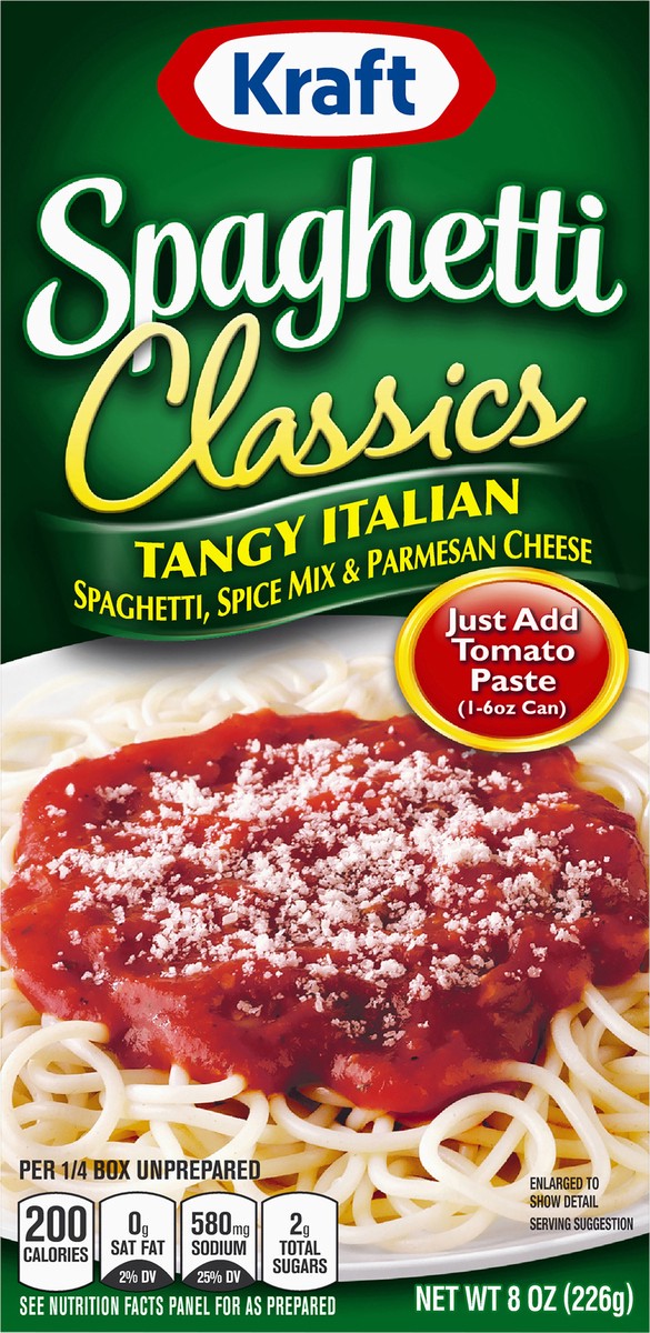 slide 8 of 14, Kraft Spaghetti Classics Tangy Italian Spaghetti, Spices, & Parmesean Cheese Meal Mix, 8 oz Box, 8 oz