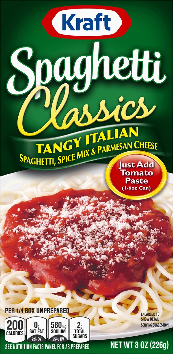 slide 10 of 14, Kraft Spaghetti Classics Tangy Italian Spaghetti, Spices, & Parmesean Cheese Meal Mix, 8 oz Box, 8 oz