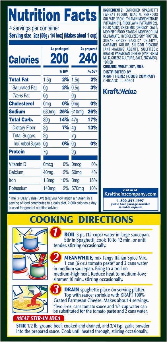 slide 6 of 14, Kraft Spaghetti Classics Tangy Italian Spaghetti, Spices, & Parmesean Cheese Meal Mix, 8 oz Box, 8 oz