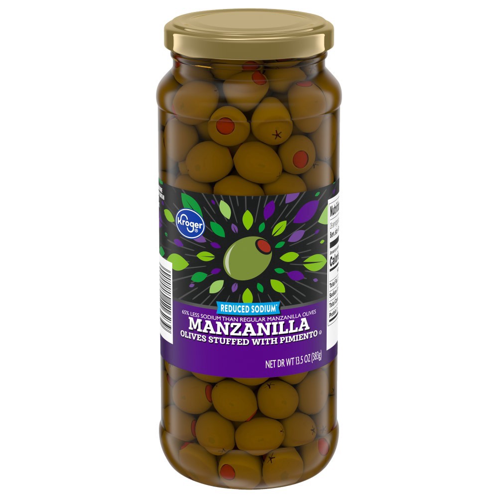 slide 4 of 4, Kroger Reduced Sodium Stuffed With Pimiento Green Manzanilla Olives, 13.5 oz