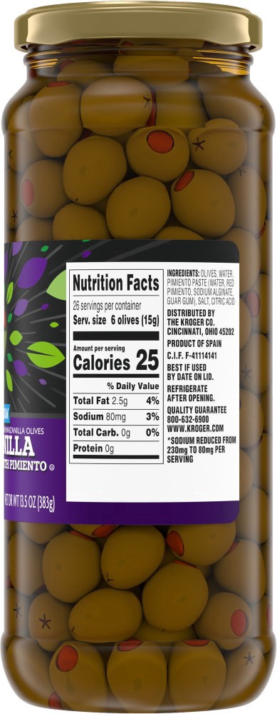 slide 3 of 4, Kroger Reduced Sodium Stuffed With Pimiento Green Manzanilla Olives, 13.5 oz
