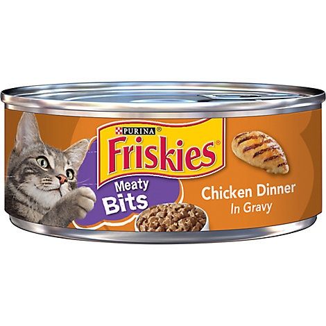 slide 1 of 1, Friskies Cat Food Meaty Bits Chicken Dinner In Gravy Can, 5.5 oz