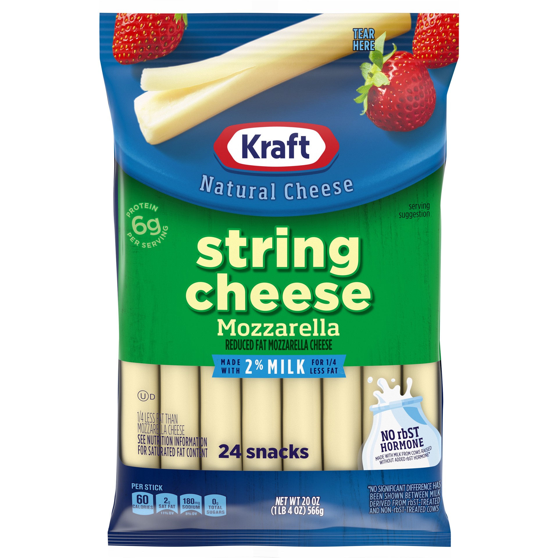 slide 1 of 6, Kraft String Cheese Mozzarella Cheese Snacks with 2% Milk, 24 ct Sticks, 24 ct