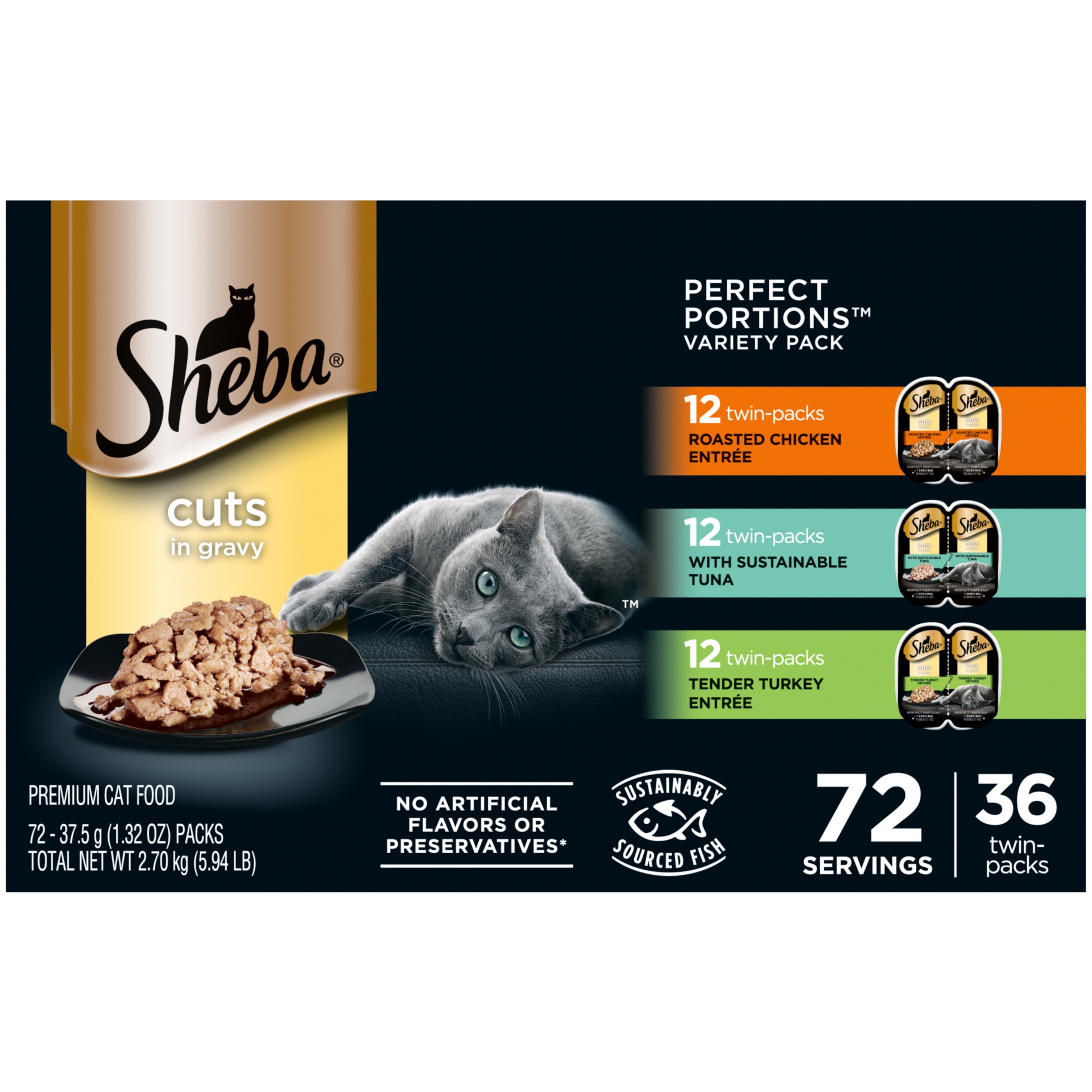slide 1 of 1, SHEBA Wet Cat Food Cuts in Gravy Variety Pack, With Sustainable Tuna, Roasted Chicken Entree and Tender Turkey Entree, (36) PERFECT PORTIONS Twin-Pack Trays, 2.64 oz