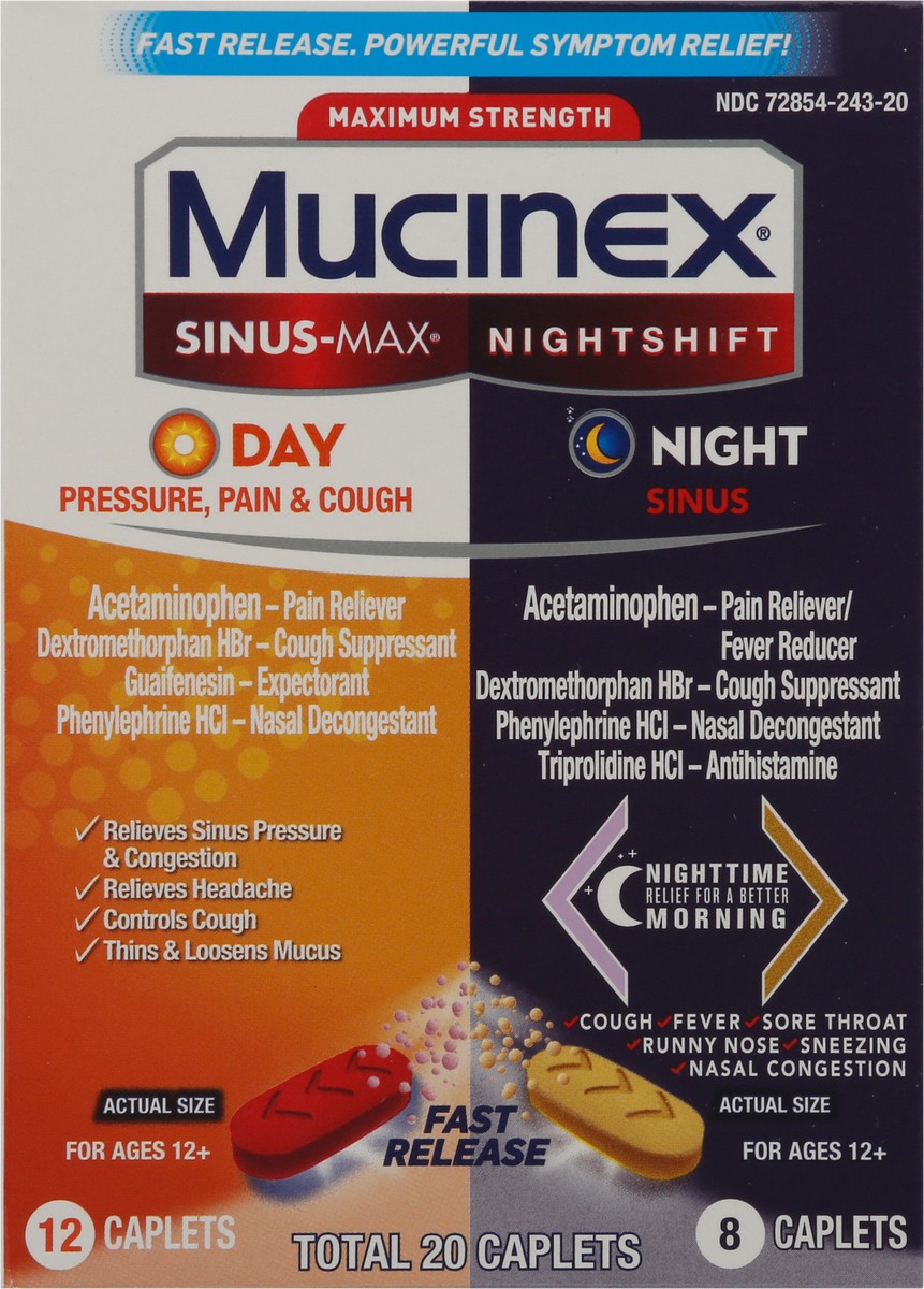 slide 1 of 9, Mucinex Maximum Strength Sinus-Max/Nightshift 20 Caplets Box, 20 ct