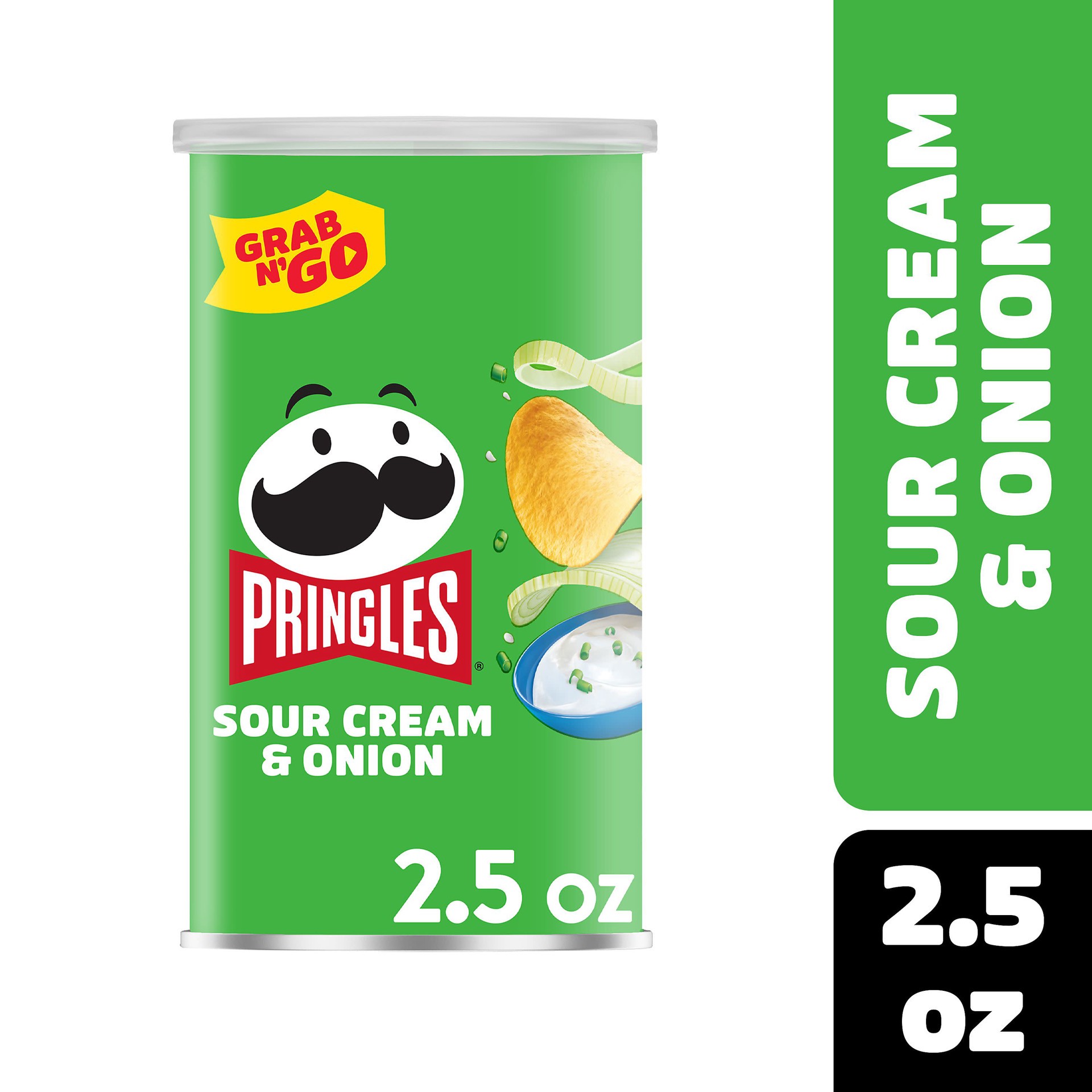 slide 1 of 5, Pringles Potato Crisps Chips, Lunch Snacks, On-the-Go Snacks, Grab N' Go, Sour Cream and Onion, 2.5oz Can, 1 Can, 2.5 oz