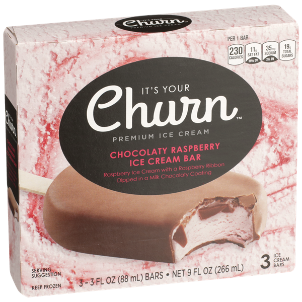 slide 1 of 1, It's Your Churn Chocolaty Raspberry Premium Ice Cream With A Raspberry Ribbon Dipped In A Milk Chocolaty Coating Bar, 3 ct