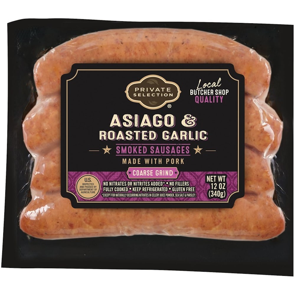 slide 1 of 1, Private Selection Asiago & Roasted Garlic Smoked Sausages, 12 oz