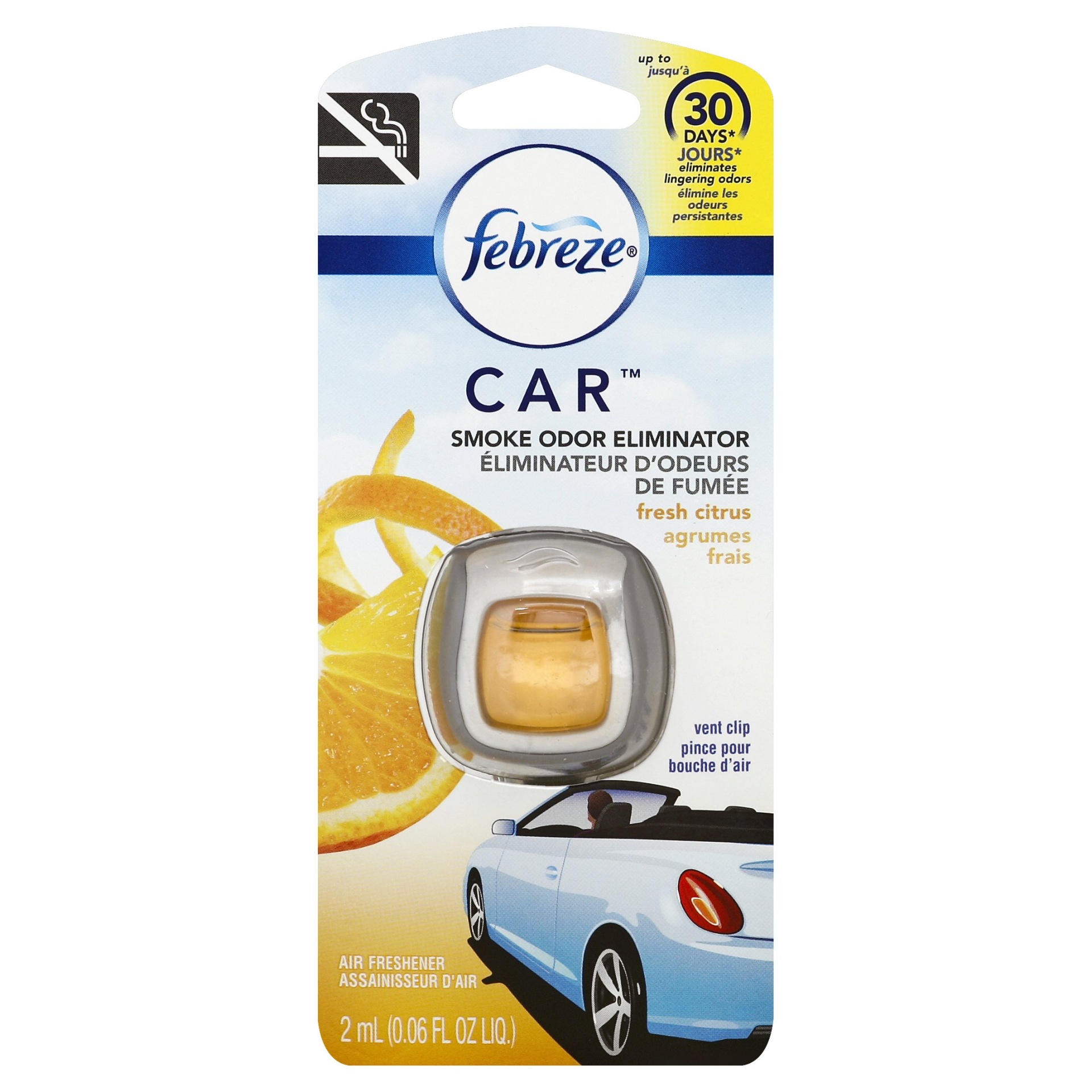 slide 1 of 1, Febreze Car Smoke Odor Eliminator Fresh Citrus Vent Clip Air Freshener, 0.06 oz