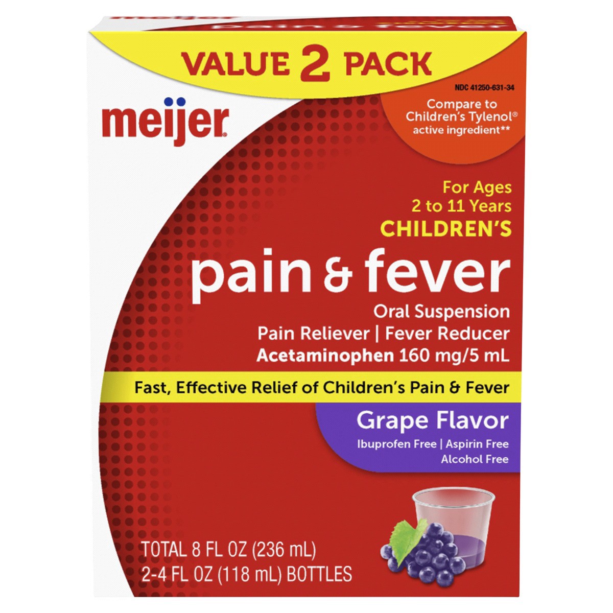 slide 1 of 21, Meijer Children's Pain & Fever Oral Suspension, Grape, 160mg, 2 ct