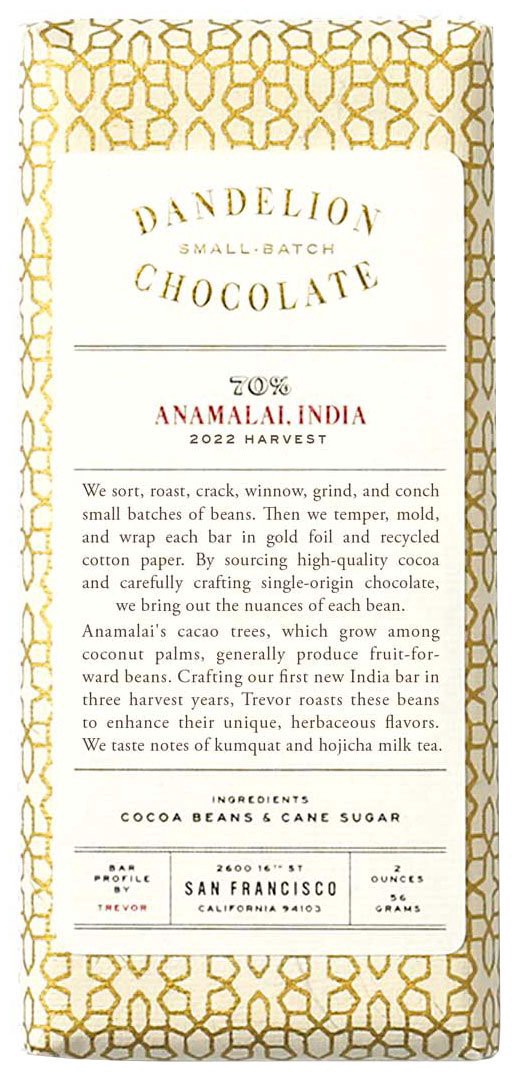 slide 1 of 1, Dandelion Chocolate India, Anamalai 70% Chocolate Bar, 2 oz