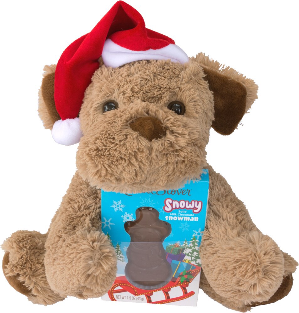 slide 1 of 8, Russell Stover Snowy Solid Milk Chocolate Snowman With Coco Puppy Plush, 1.5 oz