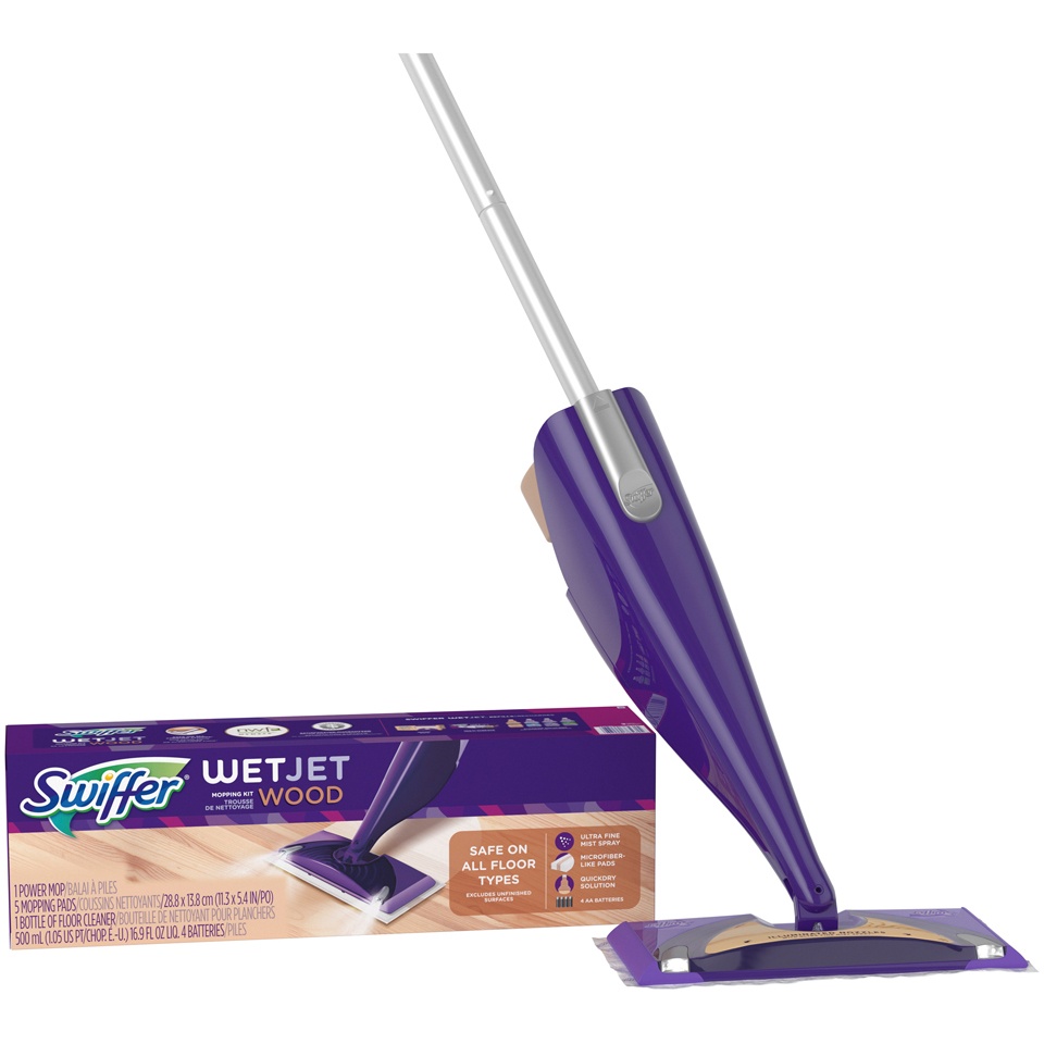 slide 2 of 3, Swiffer Wetjet Wood Floor Spray Mop Starter Kit (1 Power Mop, 5 Mopping Pads, 1/Pack, 1 ct