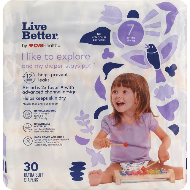 slide 1 of 1, CVS Health Live Better Diapers Ultra Soft Plant-Based Back Cover Size 7, 30 Ct, 30 ct