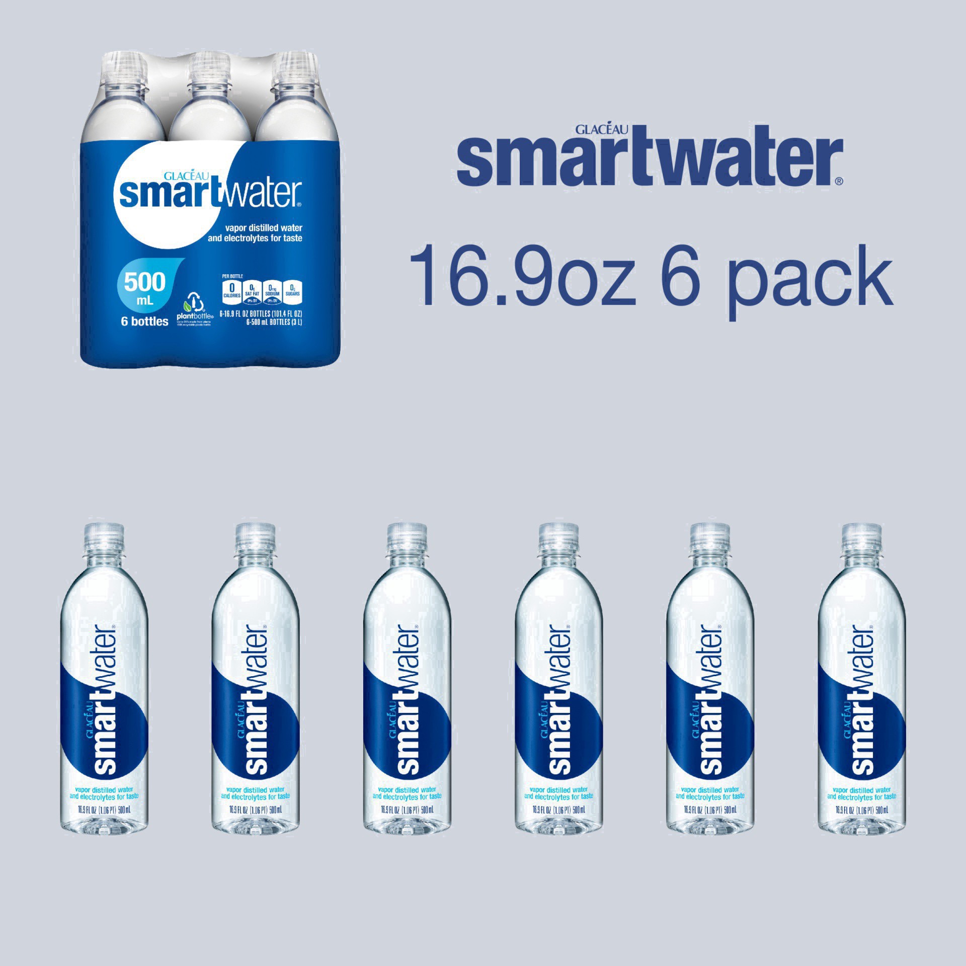 slide 10 of 75, smartwater vapor distilled premium water bottles, 16.9 fl oz, 6 Pack, 101.40 fl oz