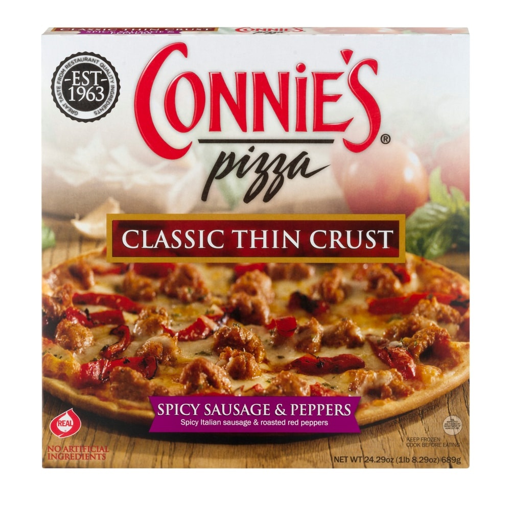 slide 1 of 1, Connie's Spicy Sausage & Peppers Classic Thin Crust Frozen Pizza, 24.29 oz