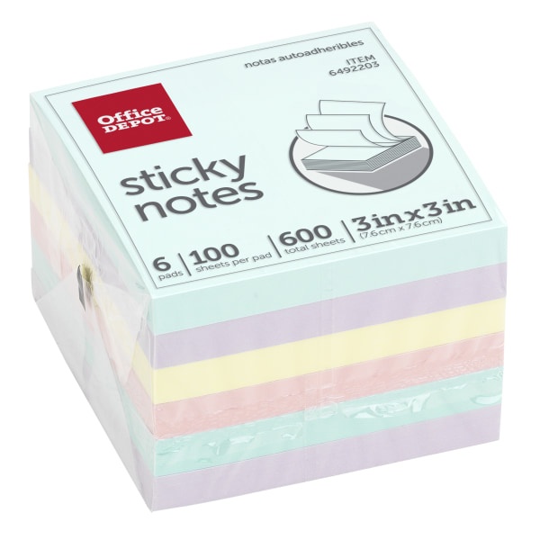 slide 1 of 2, Office Depot Brand Sticky Notes, 3'' X 3'', Assorted Pastel Colors, 100 Sheets Per Pad, Pack Of 6 Pads, 6 ct