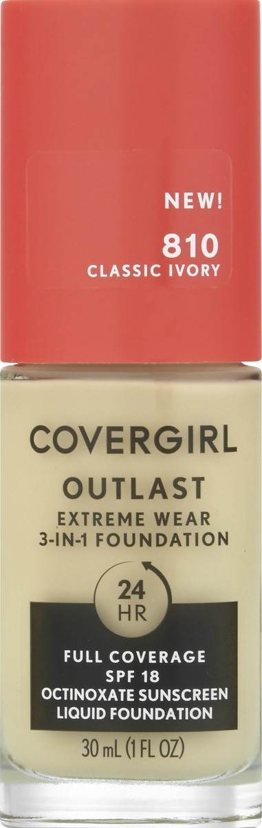 slide 1 of 12, Covergirl Outlast Extreme Wear 3-in-1 Full Coverage Liquid Foundation, SPF 18 Sunscreen, Classic Ivory, 1 Fl. Oz., 30 ml