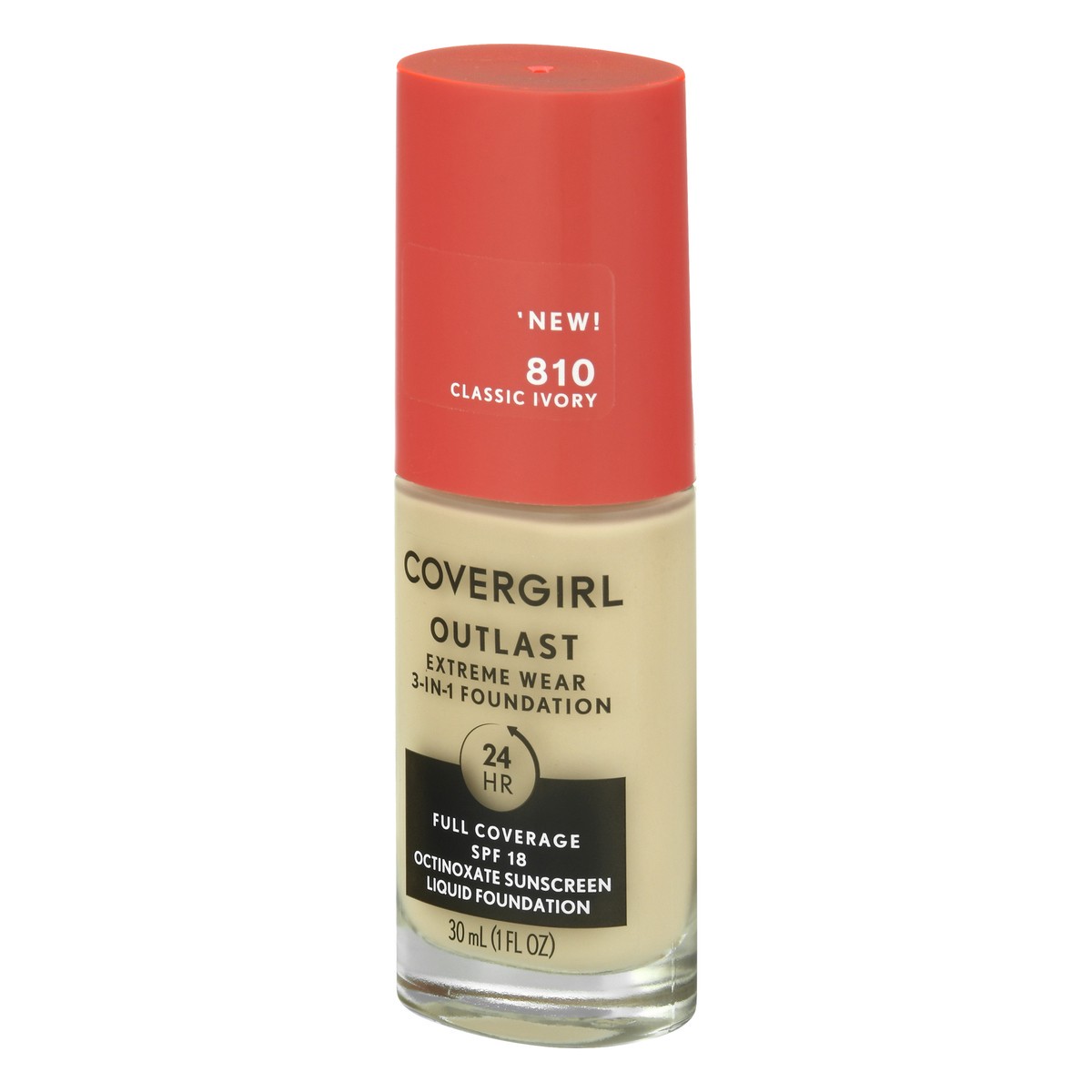 slide 10 of 12, Covergirl Outlast Extreme Wear 3-in-1 Full Coverage Liquid Foundation, SPF 18 Sunscreen, Classic Ivory, 1 Fl. Oz., 30 ml