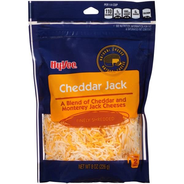 slide 1 of 1, Hy-vee Cheddar Jack A Blend Of Cheddar And Monterey Jack Finely Shredded Cheeses, 8 oz
