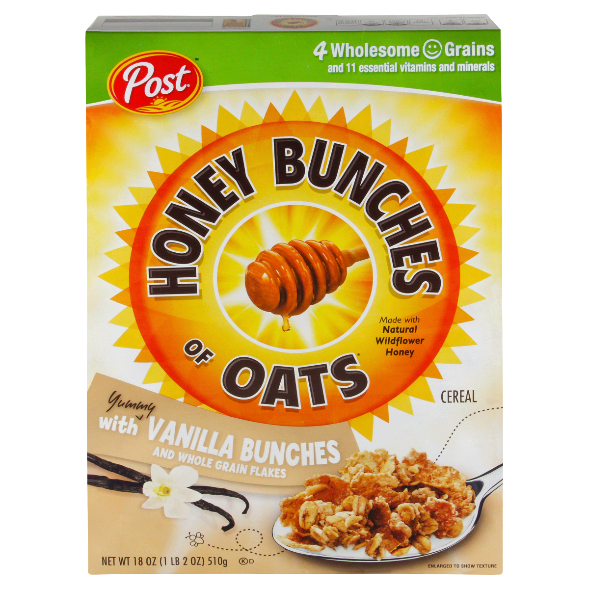 slide 1 of 1, Post Honey Bunches of Oats Vanilla, Heart Healthy, Good Source of Fiber, Breakfast Cereal, 18 oz