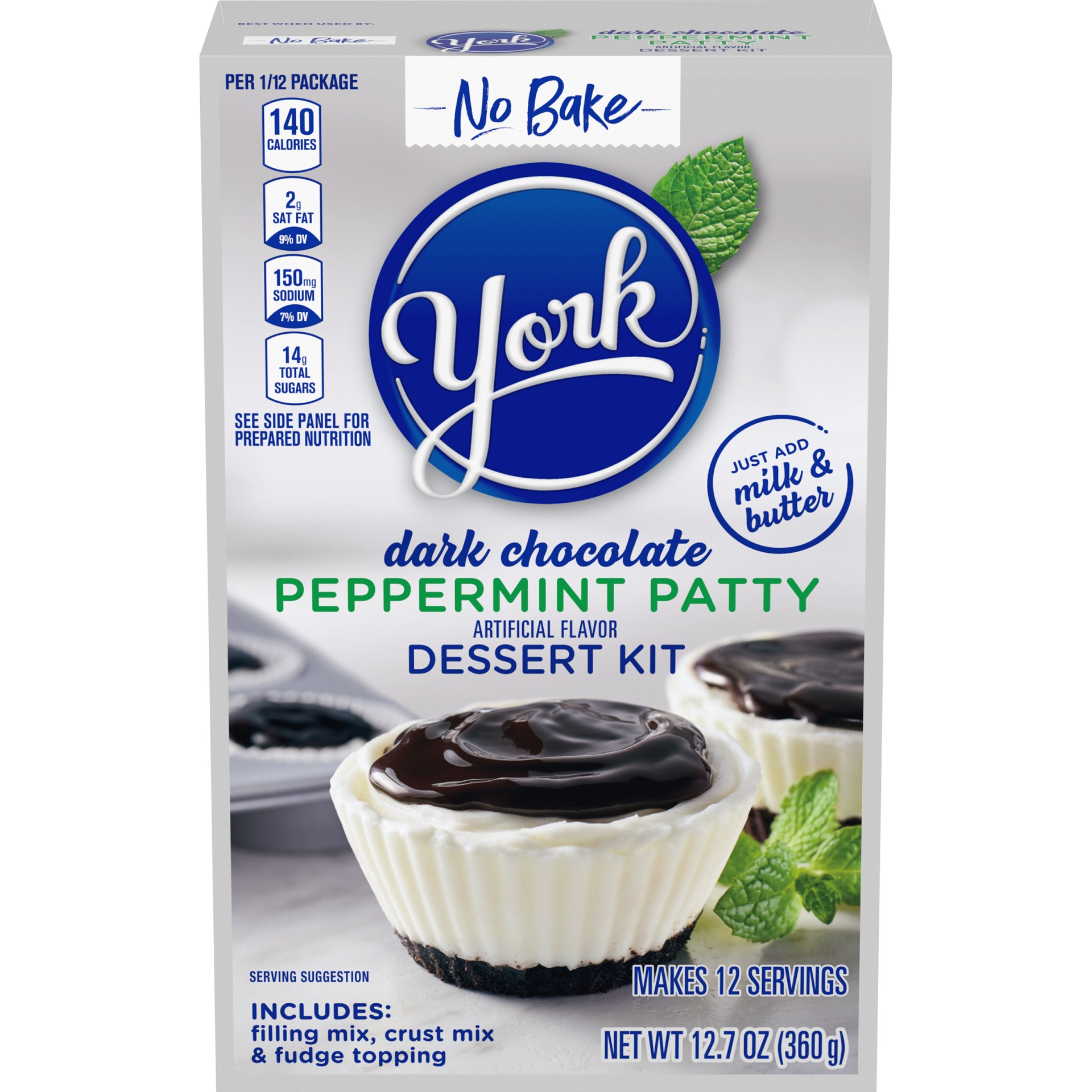 slide 1 of 2, York No Bake Dark Chocolate Peppermint Patty Dessert Kit with Filling Mix, Crust Mix & Fudge Topping, 12.66 oz