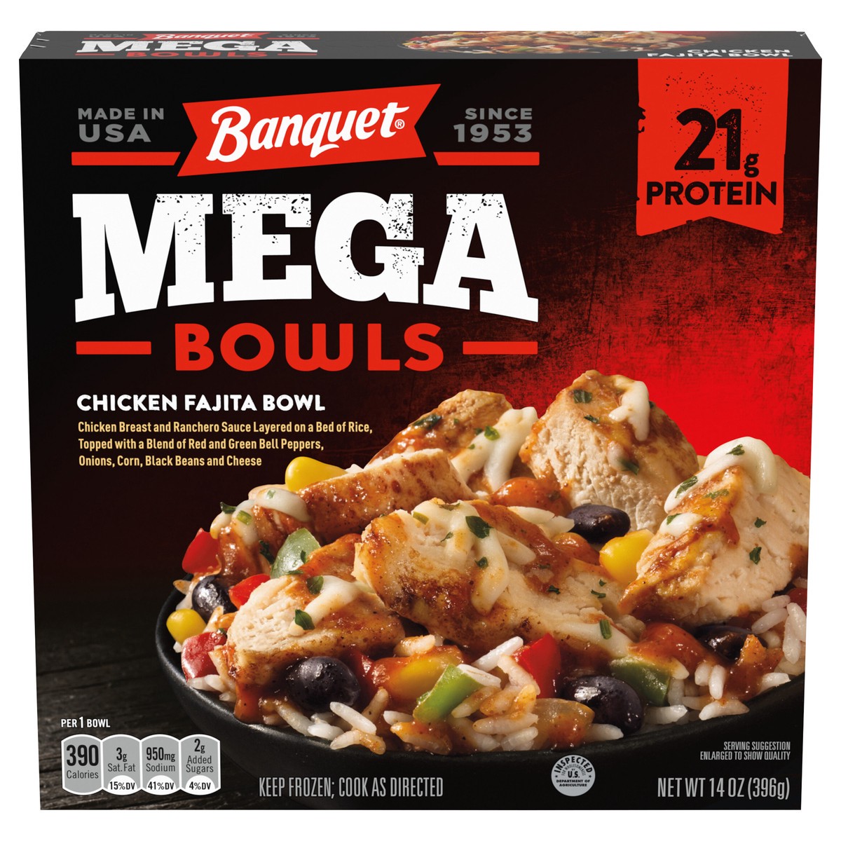 slide 1 of 1, Banquet Mega Bowls Chicken Fajita Frozen Dinner, 14 Ounce, 14 oz