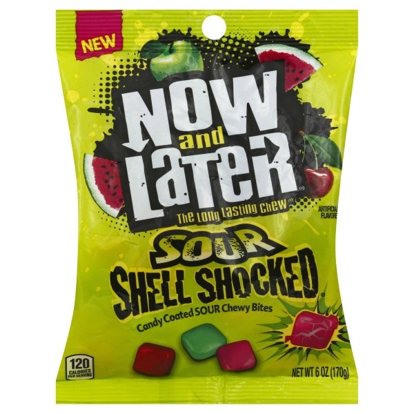 slide 1 of 1, Now And Later Shell Shocked Sour Candy Coated Chewy Bites Candy, 6 oz