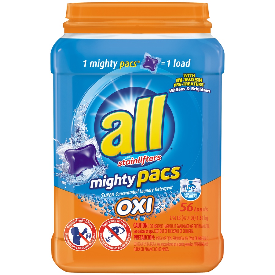 slide 1 of 1, All Mighty Pacs OXI Stainlifter Laundry Detergent, 56 ct; 47.4 oz