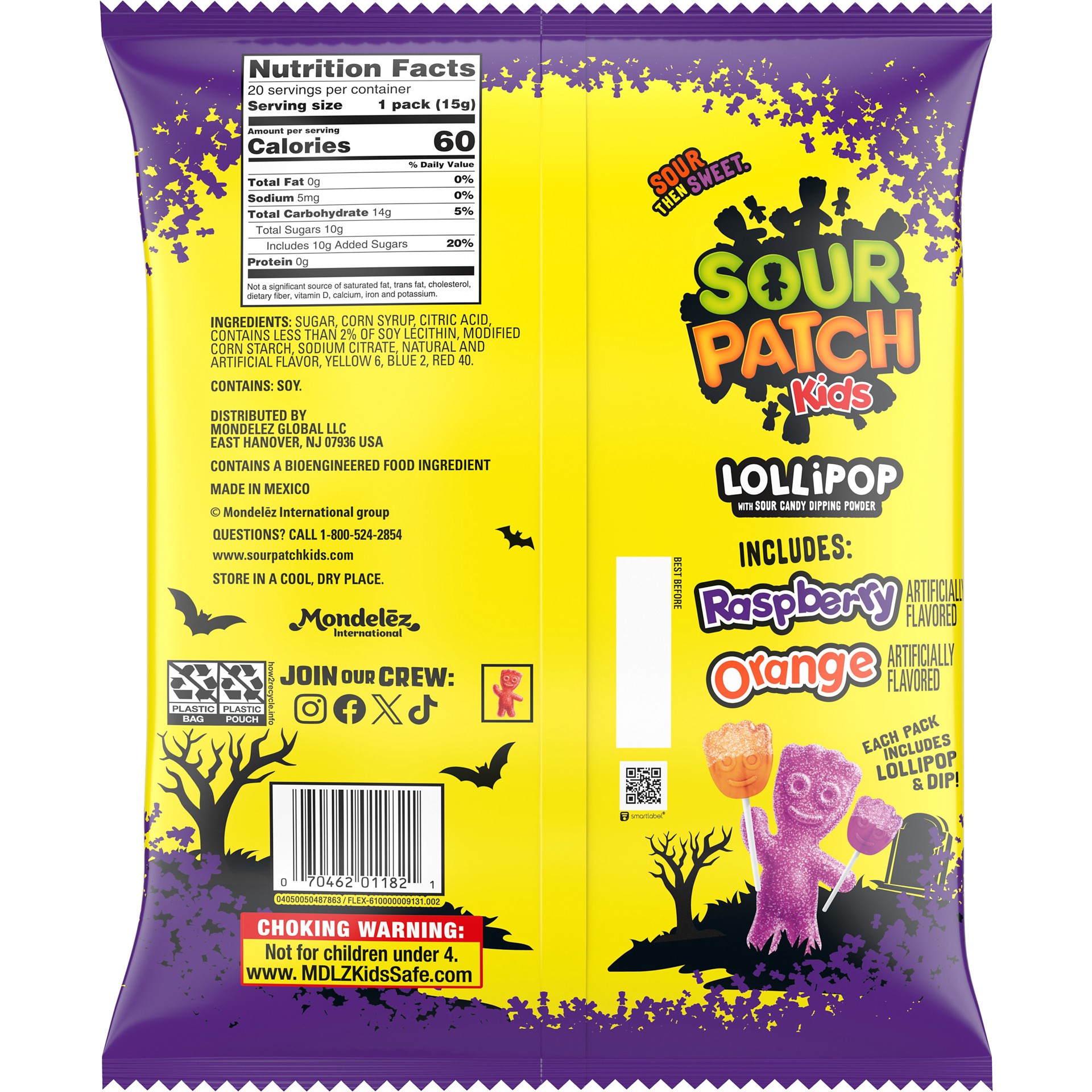 slide 5 of 5, SOUR PATCH KIDS Orange & Purple Halloween Candy Lollipops with Sour Candy Dipping Powder, 20 Lollipops, 10.58 oz