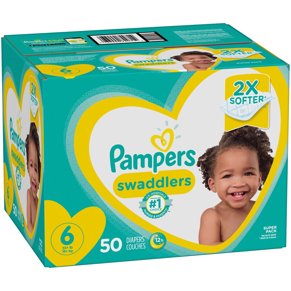 slide 3 of 3, Pampers Swaddlers Diapers, Size 6 (35+ lbs), 50 Count, Ultra Absorbent Disposable Infant Diaper, 50 ct