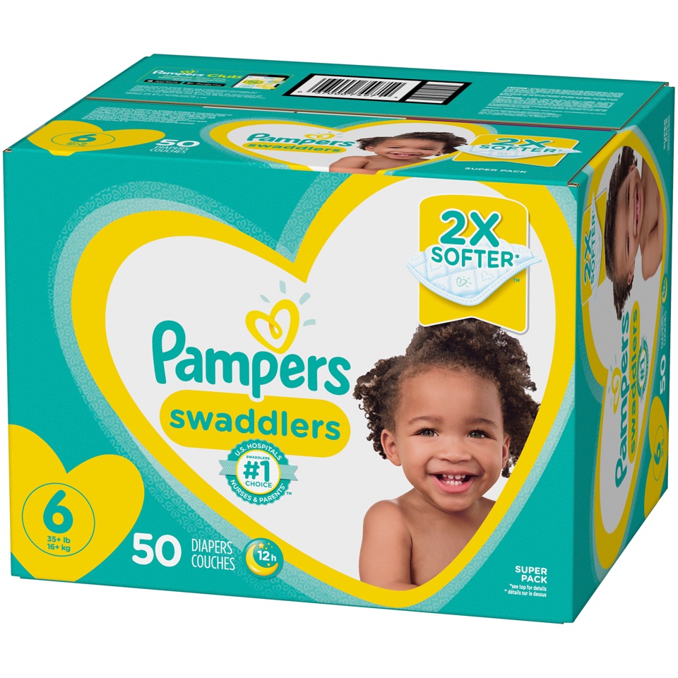 slide 2 of 3, Pampers Swaddlers Diapers, Size 6 (35+ lbs), 50 Count, Ultra Absorbent Disposable Infant Diaper, 50 ct