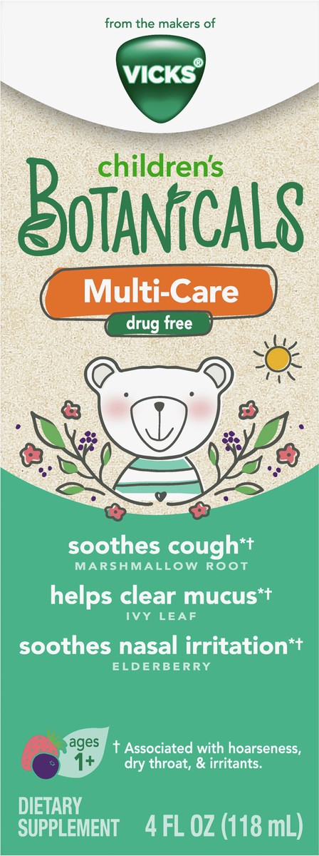 slide 2 of 2, Vicks Children''s Botanicals Cough Syrup + Mucus + Nasal*, Day, Drug Free, Free of Medicine, Delicious Kids'' Berry Flavor, 4 fl oz, Ages 1+, 4 fl oz