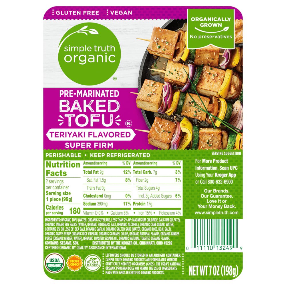 slide 1 of 3, Simple Truth Organic Super Firm Teriyaki Flavored Pre-Marinated Baked Tofu, 7 oz