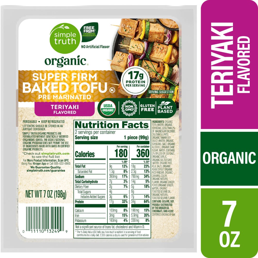 slide 1 of 3, Simple Truth Organic Super Firm Teriyaki Flavored Pre-Marinated Baked Tofu, 7 oz