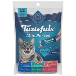 Blue Buffalo Tastefuls Mini Purées Natural Cat Treats, Chicken, Tuna, and Salmon Variety Pack, 0.5 oz. Single Servings, 12-Count