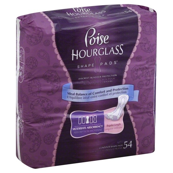 slide 1 of 1, Poise Hourglass Shape Pads Moderate Absorbency Regular Length Incontinence Pads, 54 ct