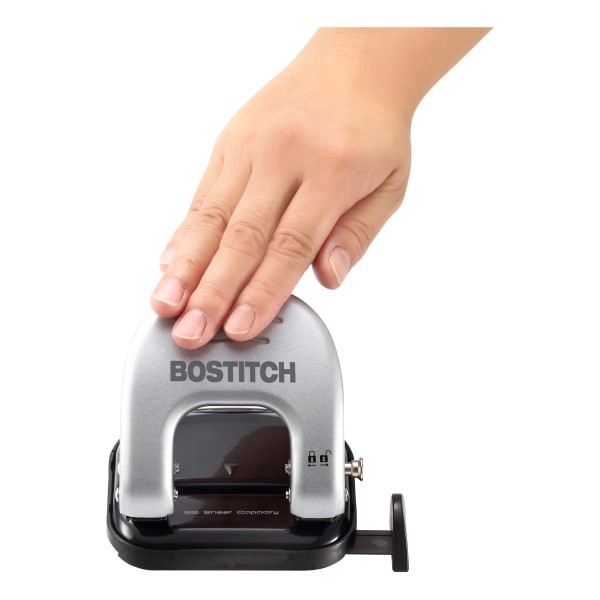 slide 4 of 10, BOSTITCH Ez Squeeze Two-Hole Punch, 20 Sheet Capacity, Black/Gray, 1 ct